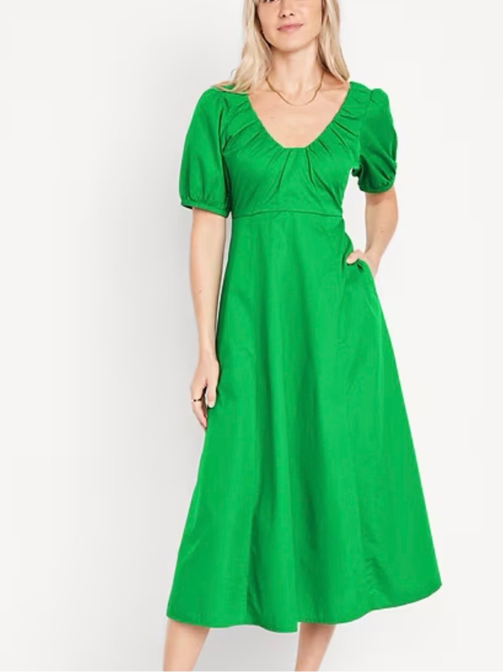 Green Puff-Sleeve Midi Dress